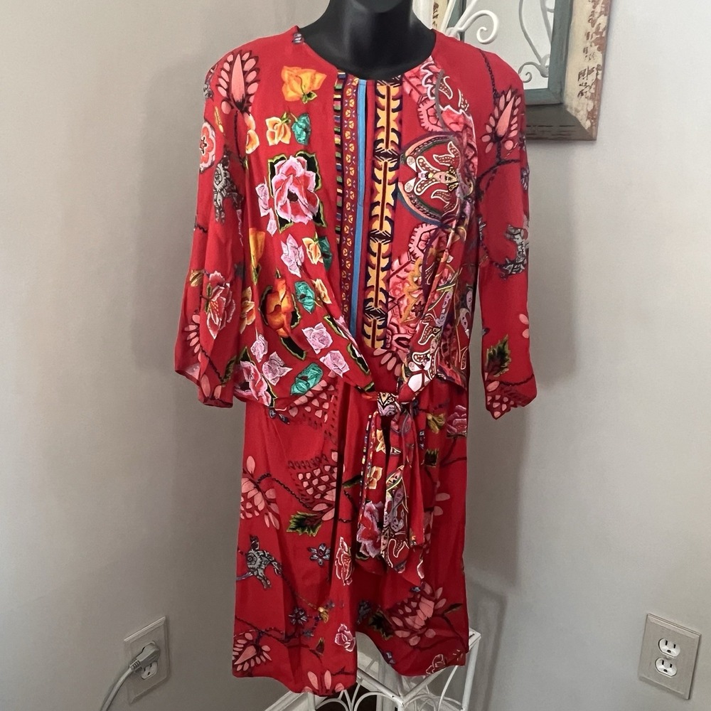 Desigual Glen Red Floral Tie Front  Dress 44 12 XL Boho Festival Whimsical Aztec